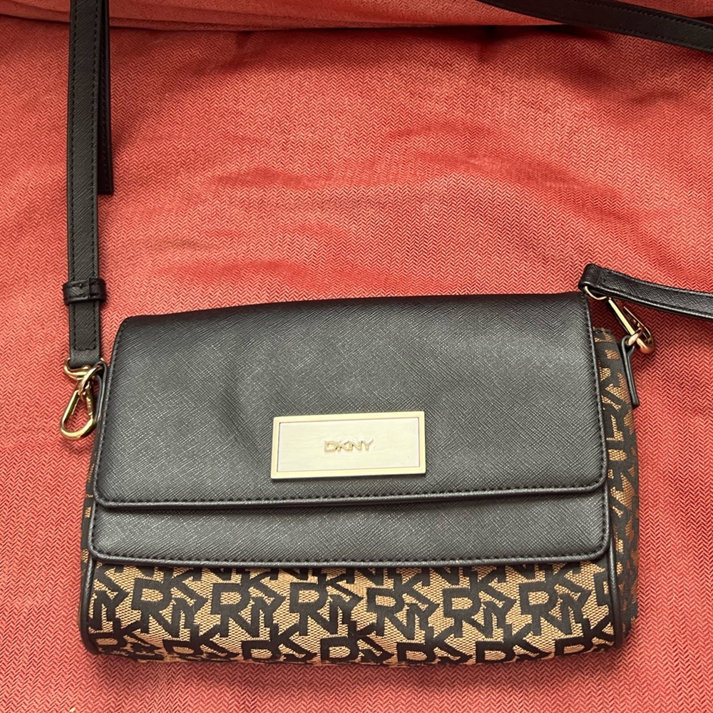 DKNY evening clutch black canvas and brown textile logo new without tags